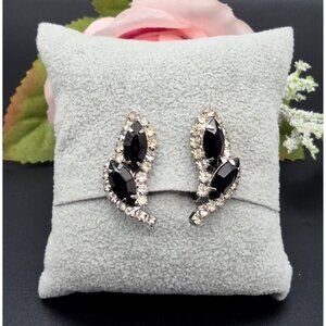 Vintage Silver Tone Black & Crystal Formal Clip On Earrings Pronged Prom 1.25"